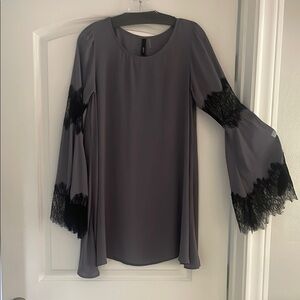 Elan Charcoal Dress with Black Lace Bell Sleeves